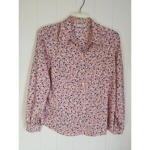 Zara Shirt Top Womens Size XL Floral Pink Blue Ruffled Collar Long Sleeve